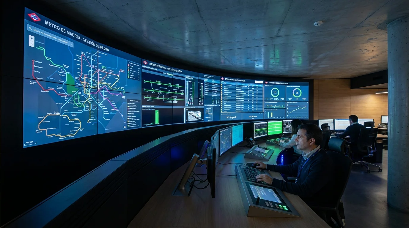 Sala de control de operaciones de metro con pantallas de gestión de flota